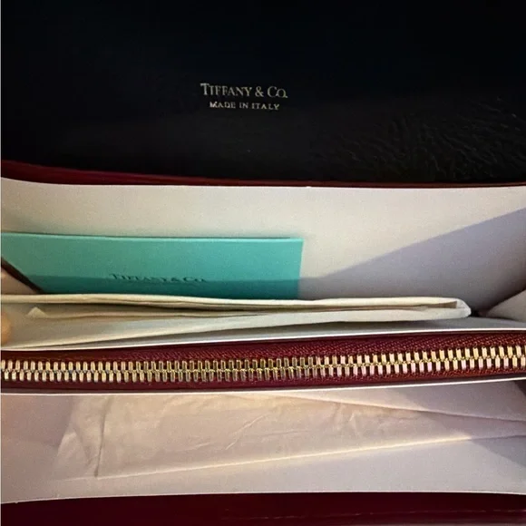 NWT Tiffany & Co. T&CO Grain Leather Flap Continental Wallet - Black/Burgundy - Picture 4 of 6